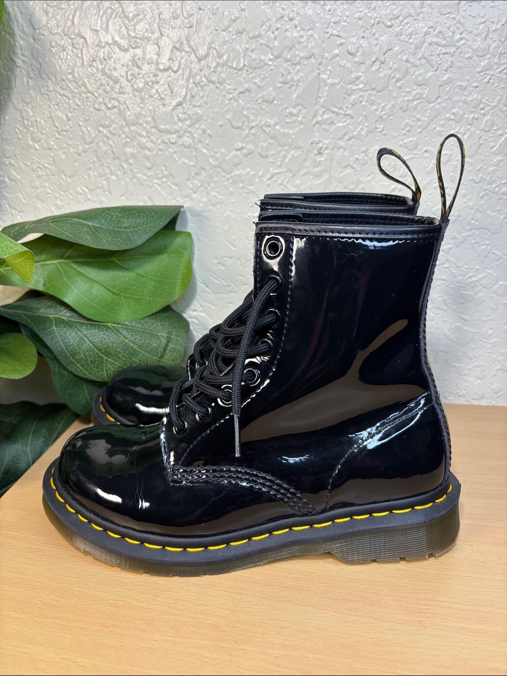 Black Patent Lace-Up Combat Boots with Yellow Stitching Dr martens boots